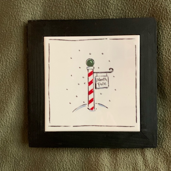 Unique Ceramic North Pole plaque in wooden frame. Trivet or hanging. 8” x 8” - Picture 1 of 5